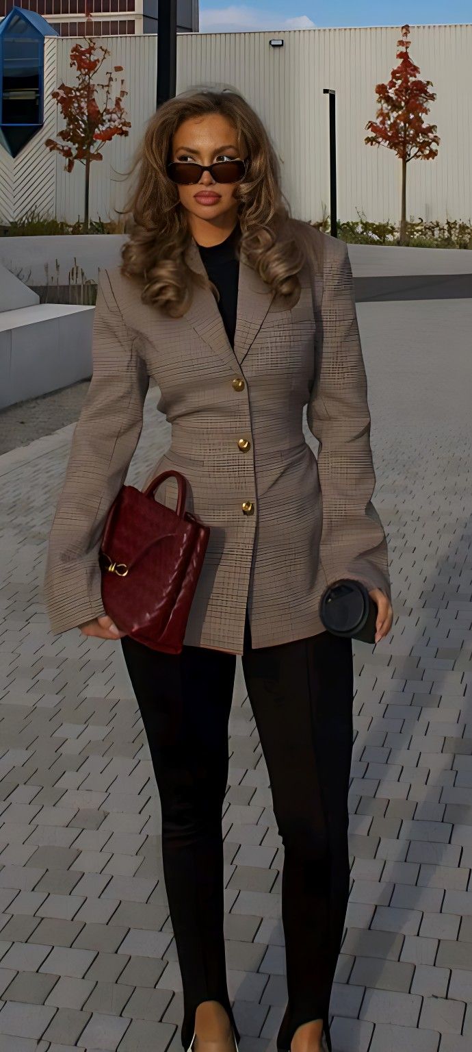 a woman is standing on the sidewalk holding a purse