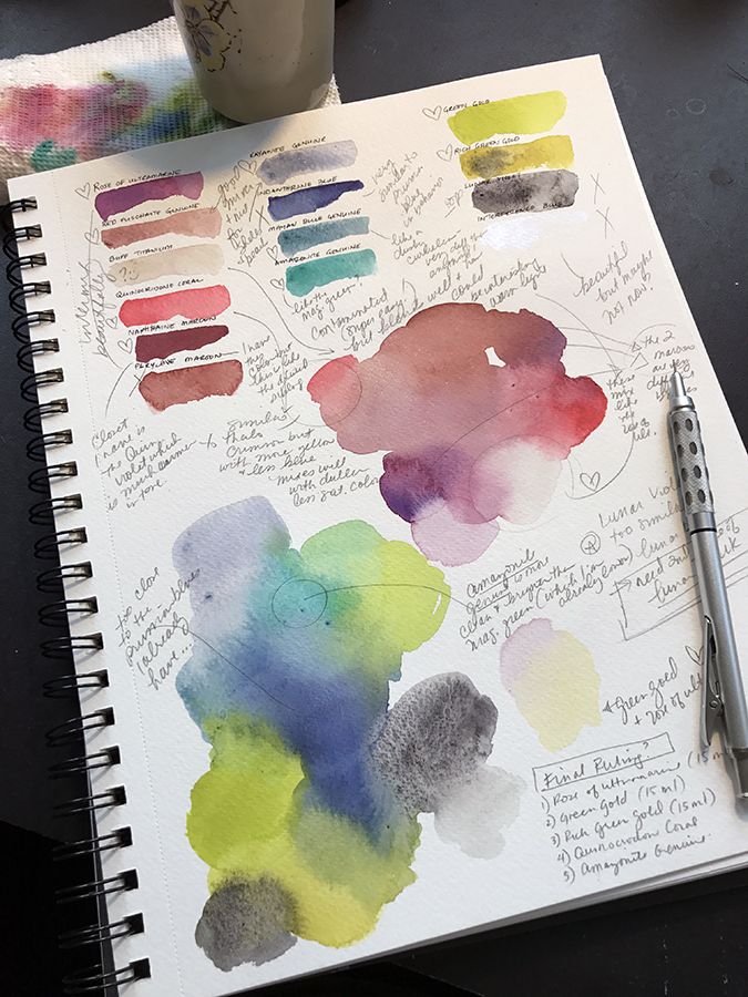 an artist's notebook with watercolors and ink on it next to a cup of coffee