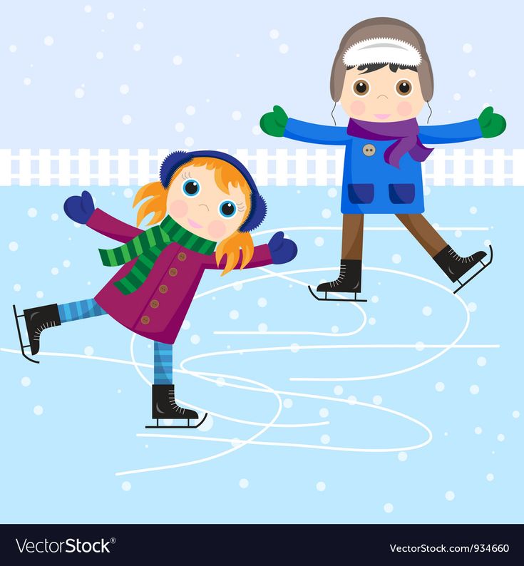 two children are playing on the ice rink in winter clothes, one is holding hands with the other