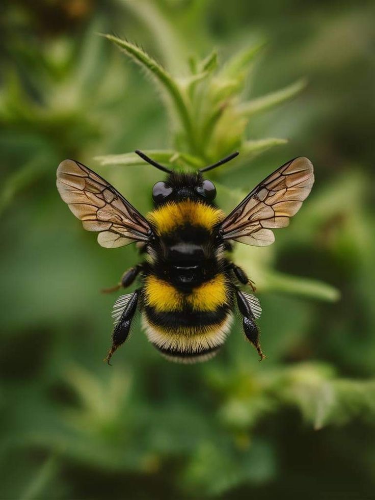 a close up of a bee on a plant with lots of leaves in the background