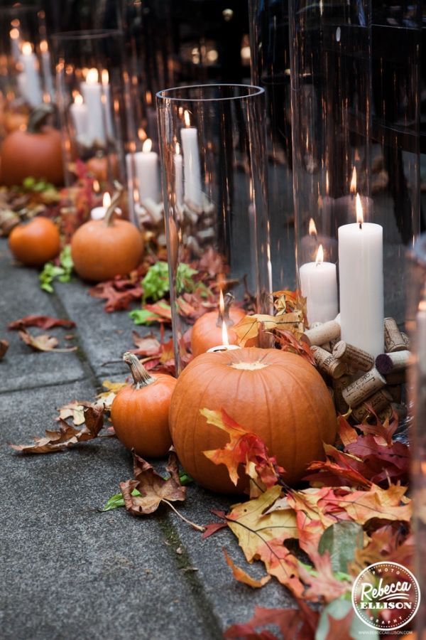 pumpkins and candles are lined up on the ground