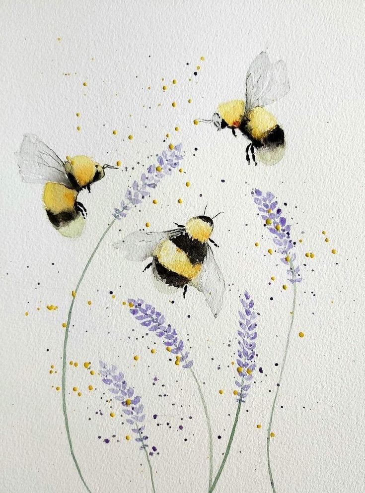 three bums and lavender flowers on a white background with the words bees in flight