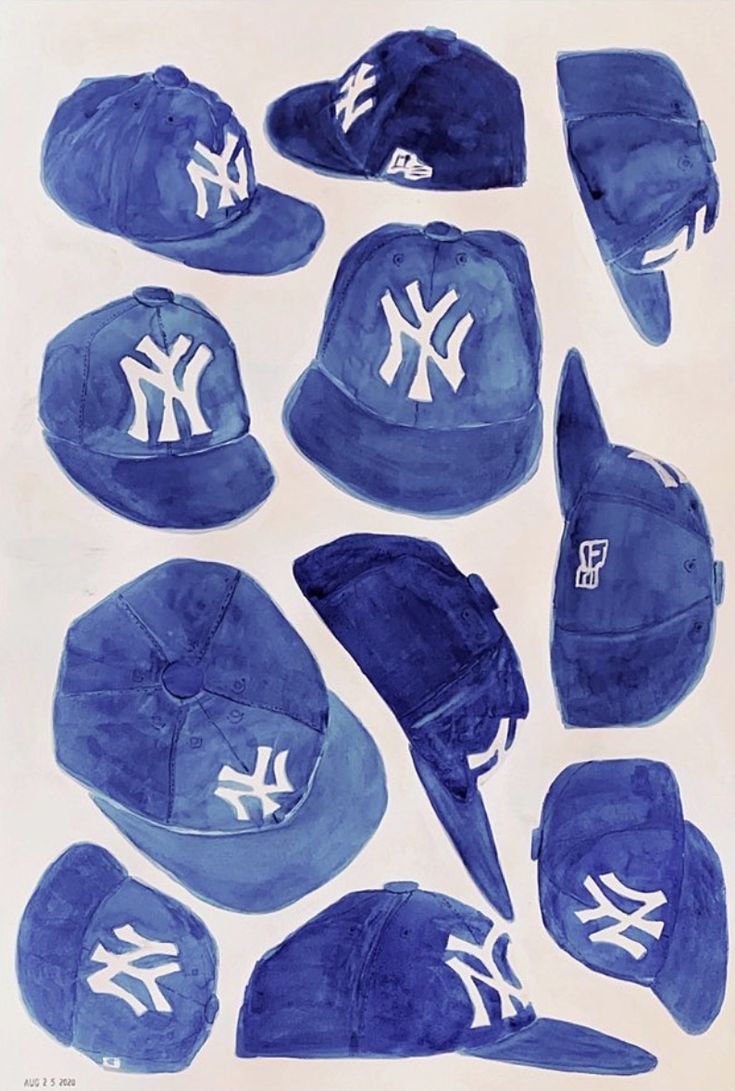 watercolor drawing of baseball hats and caps