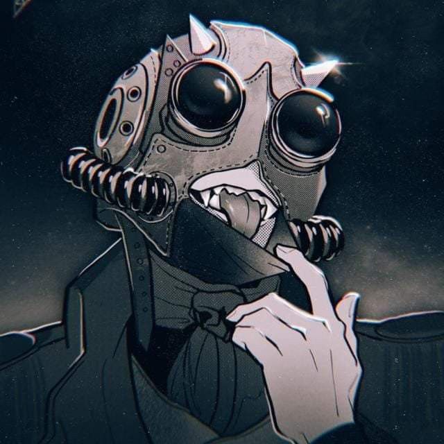 a man in a gas mask talking on a cell phone