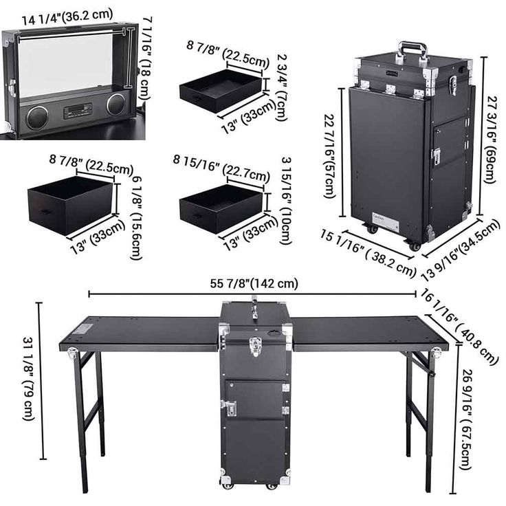 four different views of a table with drawers and other measurements for the top, bottom, and bottom parts