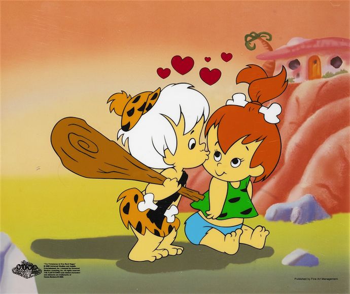 two cartoon characters are kissing in front of a pink background with hearts flying above them