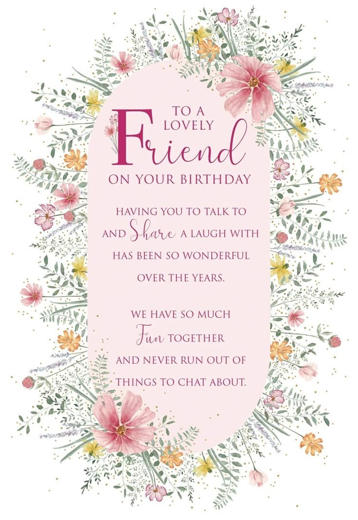 a pink birthday card with flowers and the words, to a lovely friend on your birthday