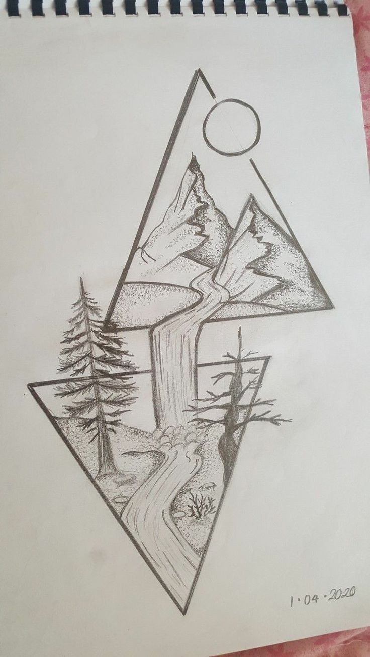 a drawing of mountains and trees with a sun in the sky above them on paper