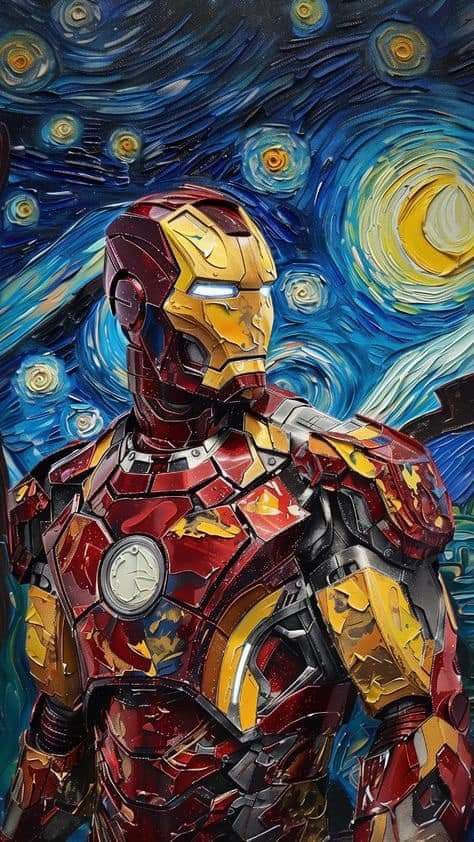 a painting of iron man standing in front of a starr background