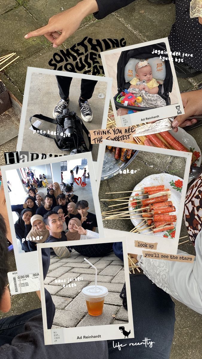 a collage of photos with people eating food and drinking beer on the ground in front of them