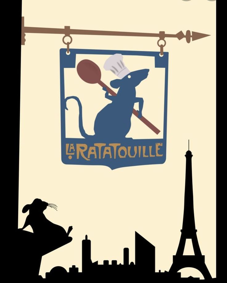 the ratatoulie logo is hanging from a wire above a cityscape with an eiffel tower in the background