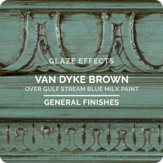 an old green painted wooden frame with the words glaze effects van dyke brown over gulf stream blue milk paint general finishes