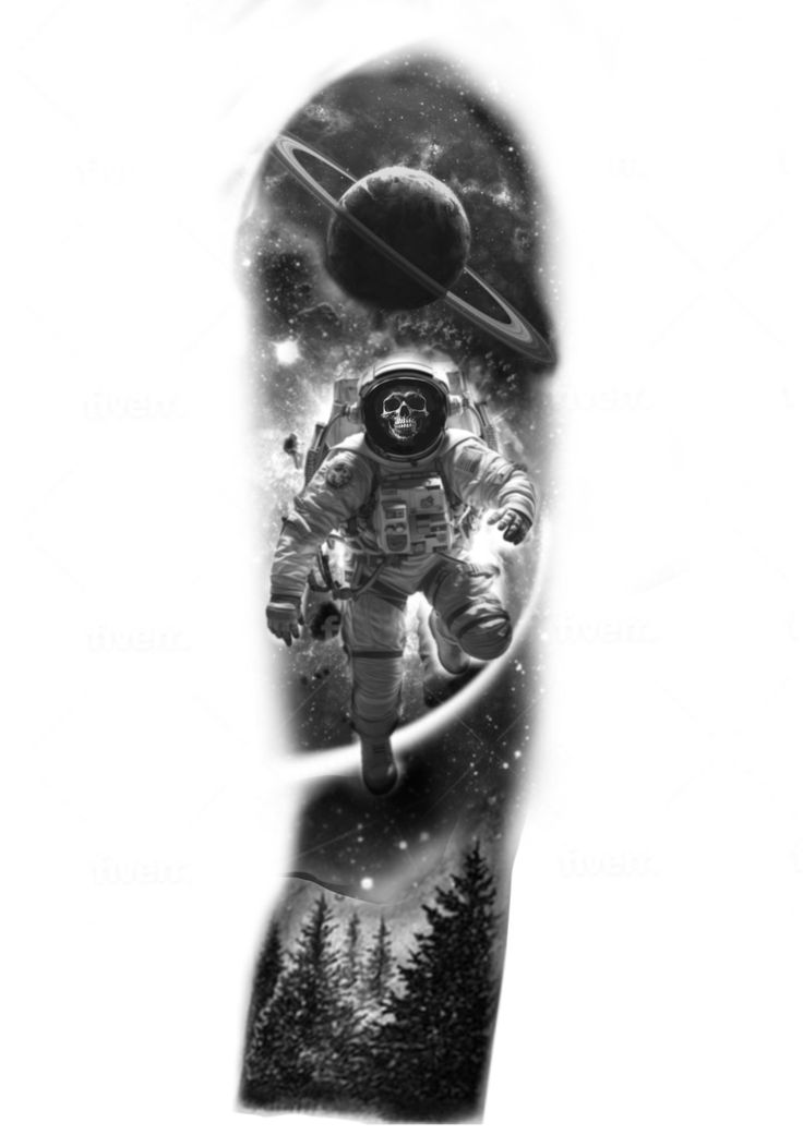 an astronaut is flying through the air with trees and planets in the sky behind him