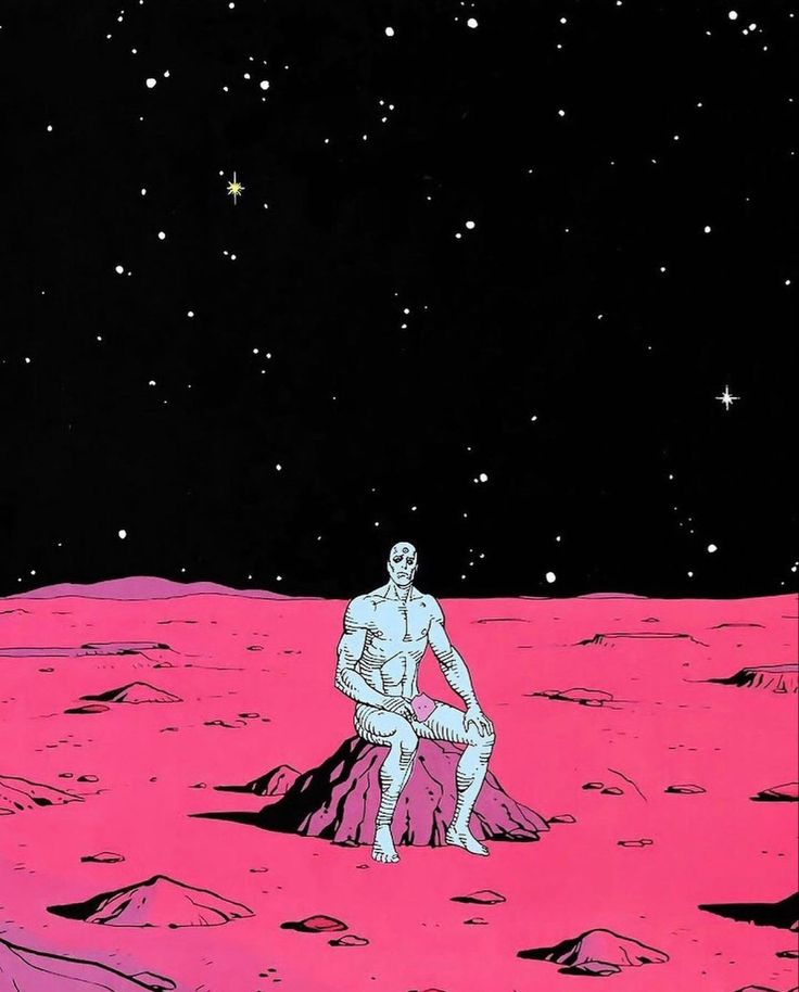 an image of a man sitting on the ground in front of a pink sky with stars