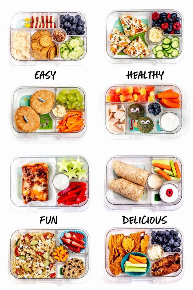 four plastic containers filled with different types of food and the words healthy written on them