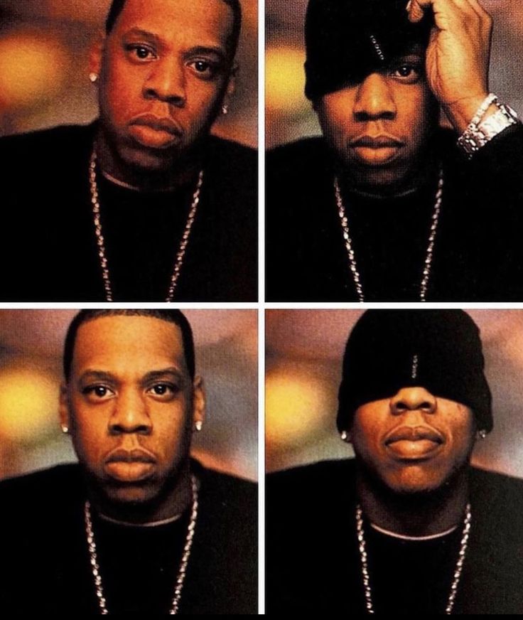 four different shots of a man wearing a black hat and chain around his neck, with multiple angles of the same person's face