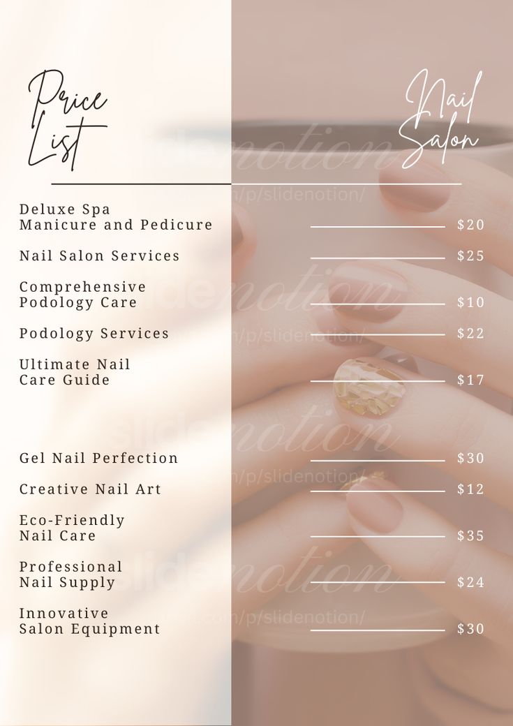 Present your nail salon’s services with style using this elegant brown and cream A4 price list flyer. Its simple yet sophisticated design offers a clear and organized layout, making it easy for clients to view your offerings. Perfect for enhancing your salon's professional image and attracting new customers!

#nailsalonflyer #price list #browndesign #creamelegance #salonmarketing #elegantnailart #nailsalonservices #a4flyerdesign Nail Price List, Spa Manicure, Elegant Nail Art, Salon Equipment, Professional Image, Salon Services, Nail Supply, Creative Nails, Sophisticated Design