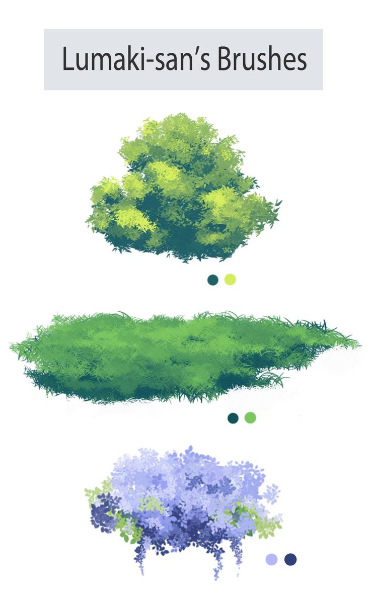 three different types of trees and grass with the words lumaki - san's brushes