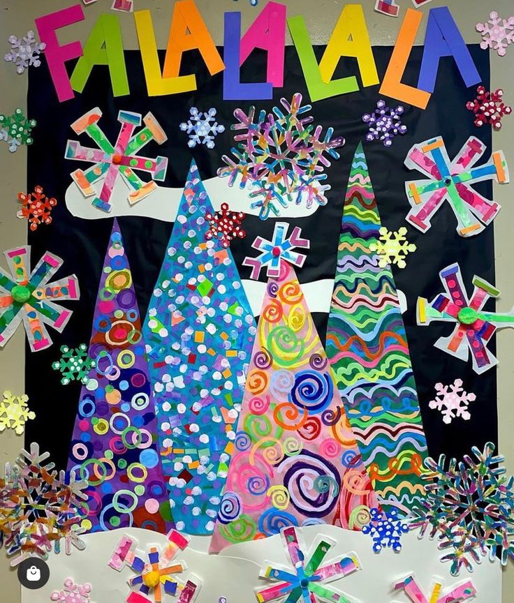 a bulletin board decorated with colorful paper decorations