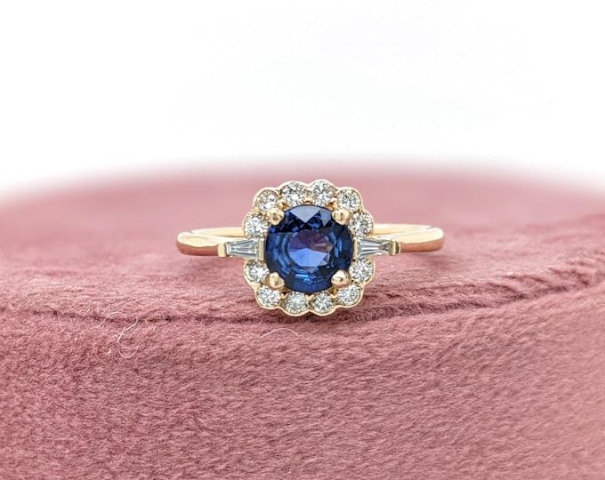 Blue Sapphire Engagement Ring 14K Solid Gold , Three Stone Blue Sapphire Emerald Cut Ring September Birthstone Jewelry Something Blue 8506 - Etsy Blue Sapphire Ring With Halo Setting In 14k Gold, Blue Sapphire Heirloom Ring With Halo Design, 14k Gold Blue Sapphire Ring With Halo Setting, Blue 14k Gold Diamond Ring With Halo Design, Gia Certified Blue Diamond Ring In 14k Gold, Gia Certified 14k Gold Blue Diamond Ring, 14k Gold Blue Gemstone Cluster Ring, Blue Gemstone Cluster Ring In 14k Gold, Heirloom Blue Round Cluster Ring