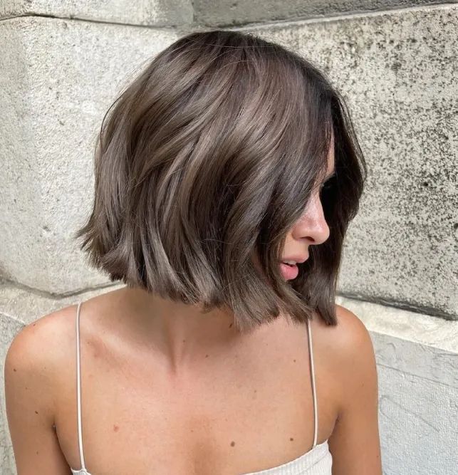 Ash Brown Hair Short Bob, Short Hair Color Balayage, Ash Brown Bob Hair, All Over Ash Brown Hair Color, Mushroom Brown Bob Hair, Hair Color Natural Brown, Ash Brown Balayage Bob, Hair Color Bob Haircut, Short Haircuts Brown Hair