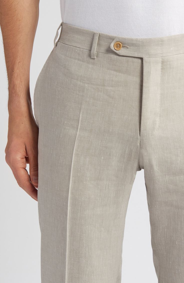 Bring relaxed formality to your look with dress pants tailored with a classic flat front from a cool blend of linen and wool. 37" inseam; 14" leg opening; 10 1/2" front rise; 14" back rise (size 56) Zip fly with button-tab closure Front slant pockets; back button-welt pockets 52% linen, 48% wool Dry clean Made in Italy Fitted Linen Pants For Formal Occasions, Classic Fitted Straight Bottoms, Classic Straight Fitted Bottoms, Fitted Pants For Summer Business Casual, Solid Summer Dress Pants With Welt Pockets, Summer Solid Dress Pants With Welt Pockets, Elegant Summer Dress Pants With Pockets, Formal Solid Pants For Summer, Classic Formal Linen Dress Pants