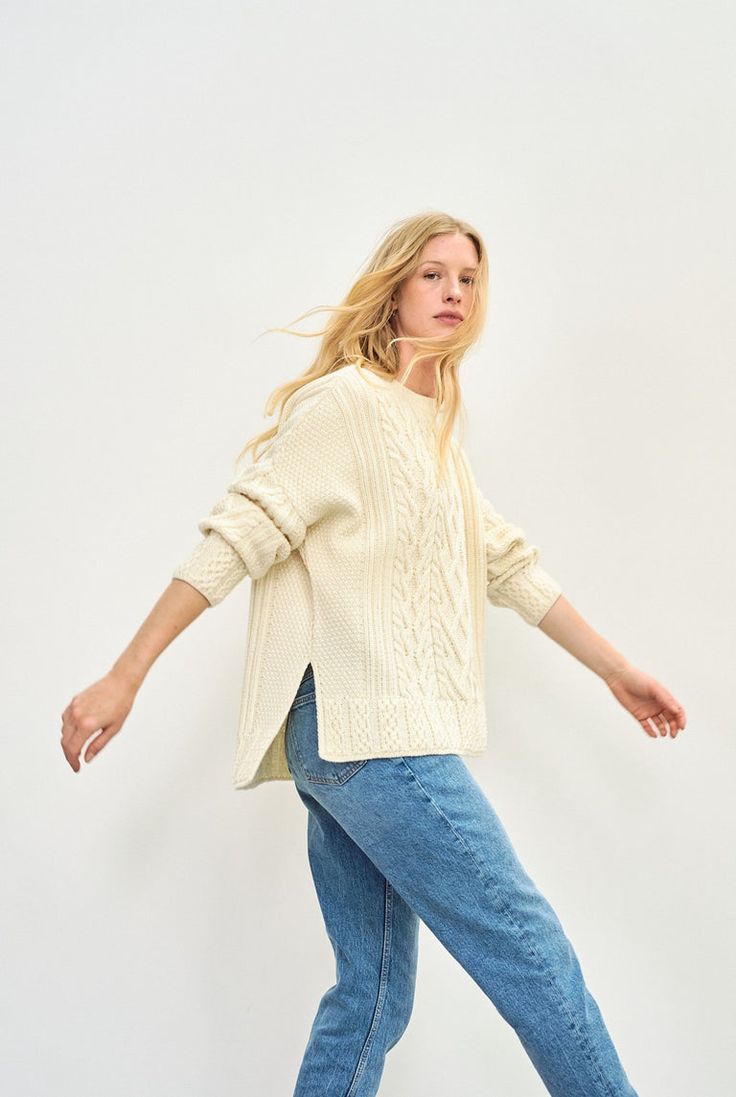 Tully Box Aran Sweater - Cream - Aran Woollen Mills Aran Hat, Aran Cardigan, Woolen Sweaters, Aran Sweater, Shetland Wool, Wool Shop, Back Women, Yarn Shop, Easy Wear