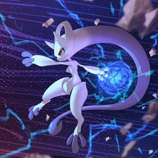 an animated pokemon character flying through the air with blue and purple lights in the background