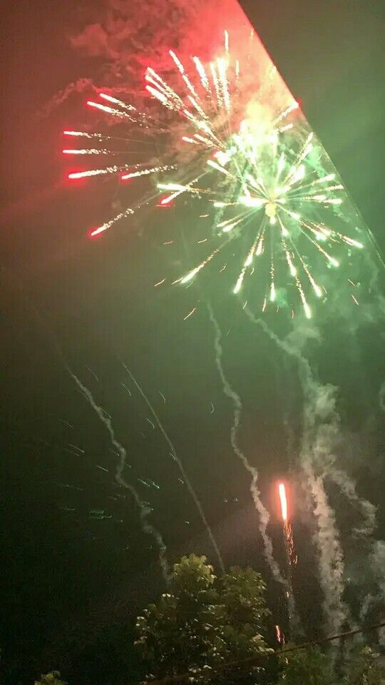 fireworks are lit up in the night sky with green, red and yellow lights on them