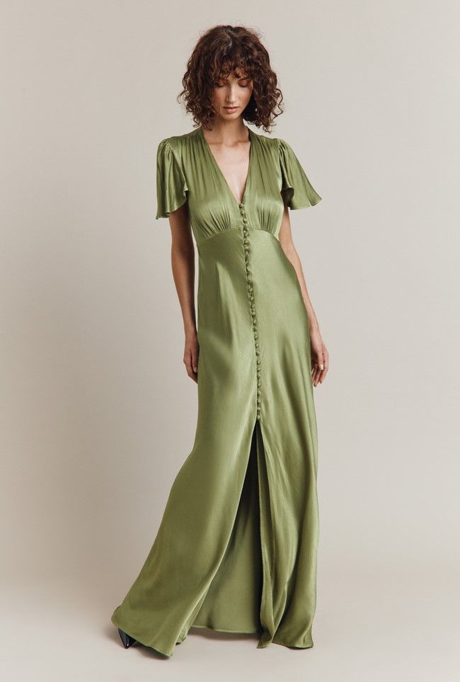 Delphine Olive Green Satin Maxi Dress | Ghost London | Ghost London Olive Green Bridesmaid Dresses, Green Satin Dress, Summer Bridesmaid Dresses, Elle Dress, Olive Dress, Olive Green Dresses, Green Bridesmaid, Green Bridesmaid Dresses, Maid Dress