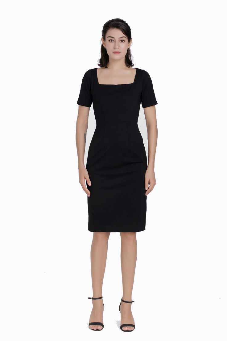 A dress with a basic shape, black always exudes mystery and elegance to the wearer, never out of fashion. A smart choice for both work and after-work wear, this square-neck dress offers impressive versatility. The one-piece dress has a classic silhouette, comfortable and flattering design, with a bit of stretch for flexibility. Made of stretchy and soft material, very comfortable to wear, short sleeve dress, square neck, split back, delicate pleated bodice, knee length, fit but still comfortable Sleek Square Neck Fitted Midi Dress, Sleek Fitted Square Neck Midi Dress, Solid Square Neck Bodycon Dress, Elegant Square Neck Bodycon Evening Dress, Solid Color Square Neck Bodycon Midi Dress, Evening Square Neck Bodycon Dress, Bodycon Square Neck Midi Dress, Fitted Square Neck Midi Dress, Sleek Fitted Midi Dress With Square Neck