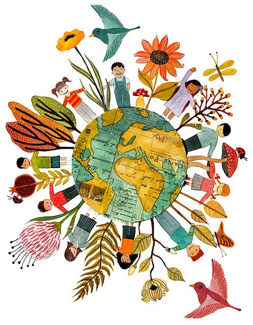 people holding hands around the world surrounded by flowers and birds on a white background photo