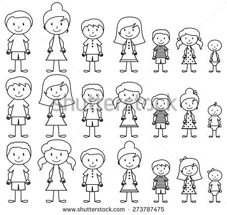 a set of hand drawn doodles of people and children in different poses, from front to back