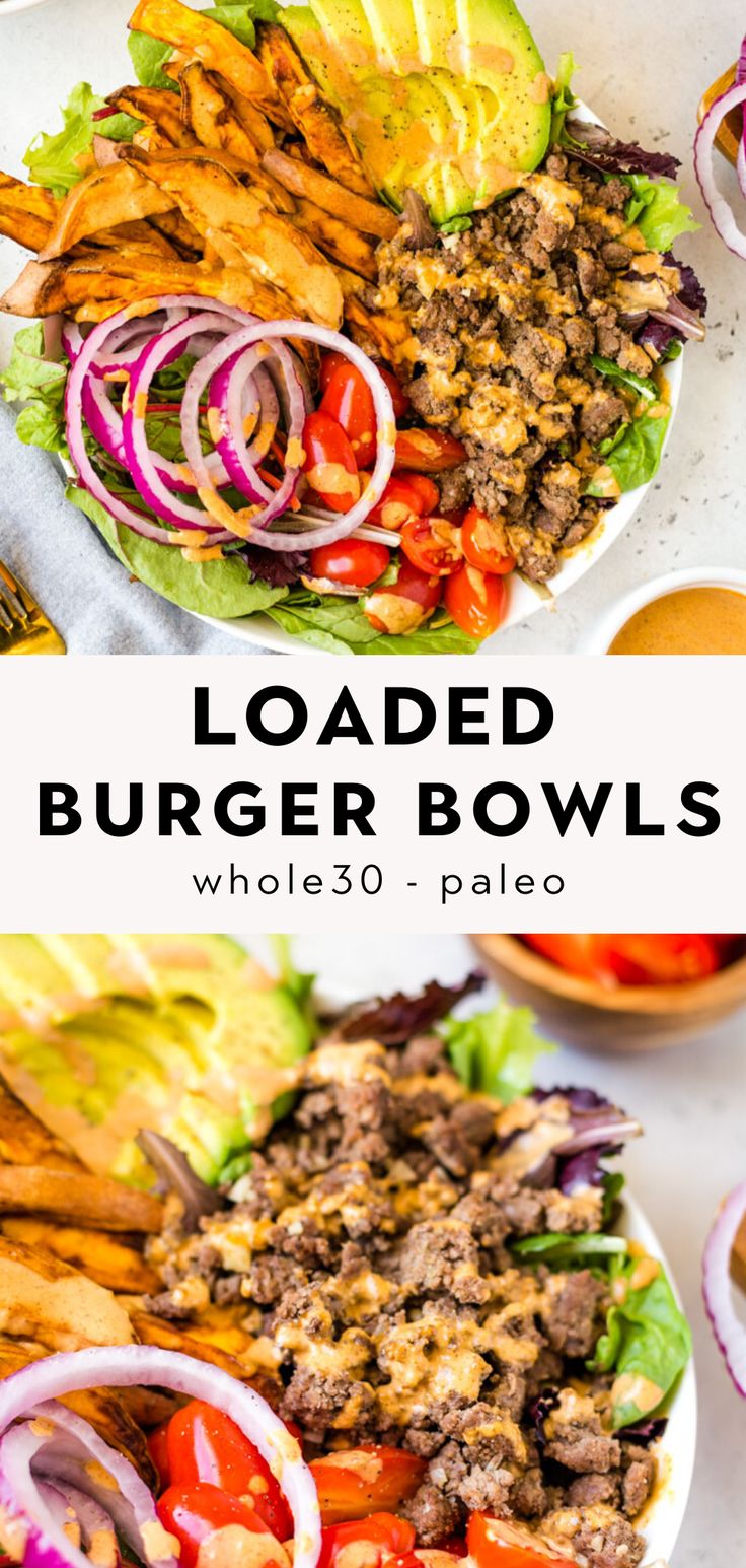 loaded burger bowls with lettuce, tomatoes, onions and other toppings on a white plate