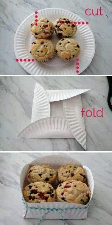 three pictures showing how to make muffins in a paper plate and then cut