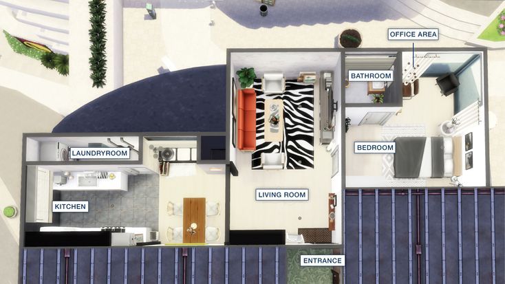 an aerial view of a house with the living room and bedroom labeled in blue letters