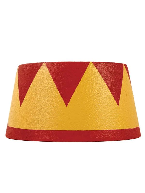 a red and yellow lamp shade on a white background with an image of a crown