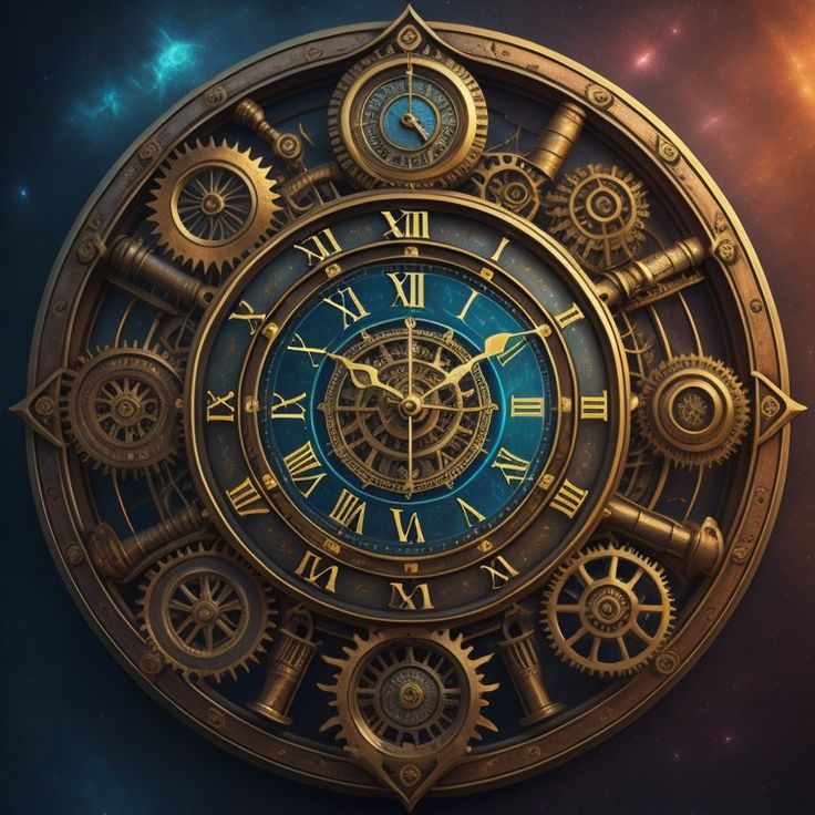 a golden clock with gears on it in space