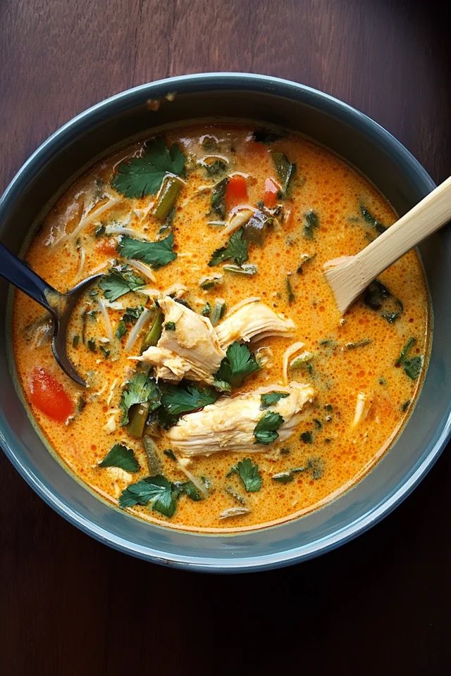 a bowl of soup with chicken and greens on the side, ready to be eaten