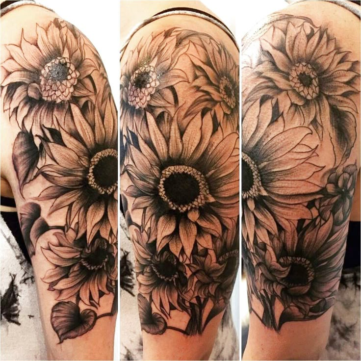 three different views of a woman's arm with sunflowers on the shoulder