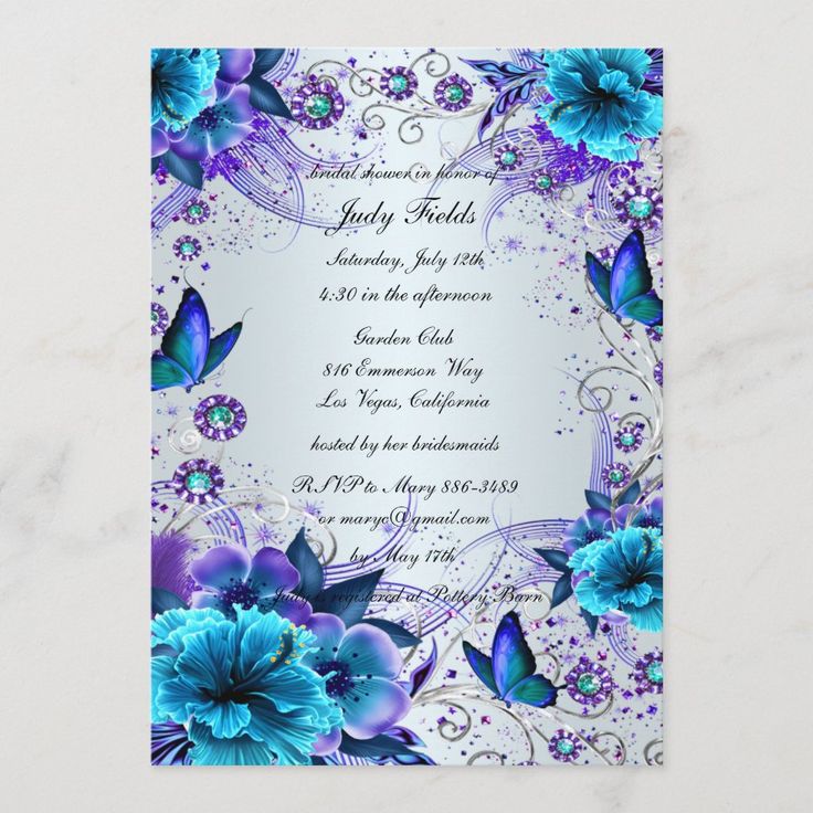 save the date card with blue flowers and butterflies