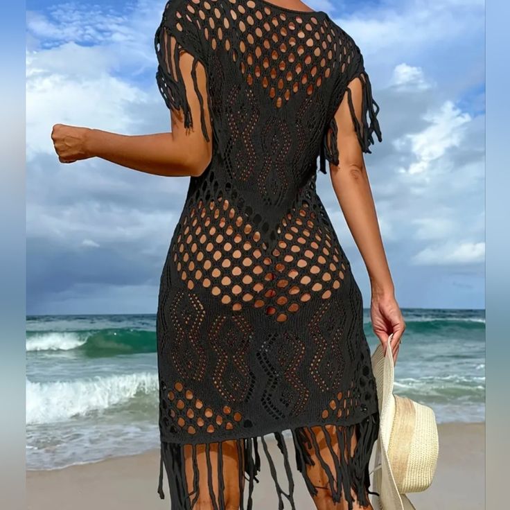 Size L - Hollow Out Tassels Smock Cover Up, Sexy Short Sleeve Dress For Summer Fitted Black Cover-up For Party, Hollow Out Mini Dress For Beach Cover-up, Stretch Bohemian Mini Dress For Beach, Bohemian Stretch Mini Dress For Beach, Bohemian Stretch Mini Dress For The Beach, Beach Bohemian Stretch Mini Dress, Sleeveless Black Cover-up For Party, Black Sleeveless Cover-up For Party, Black Mini Dress For Beach Cover-up