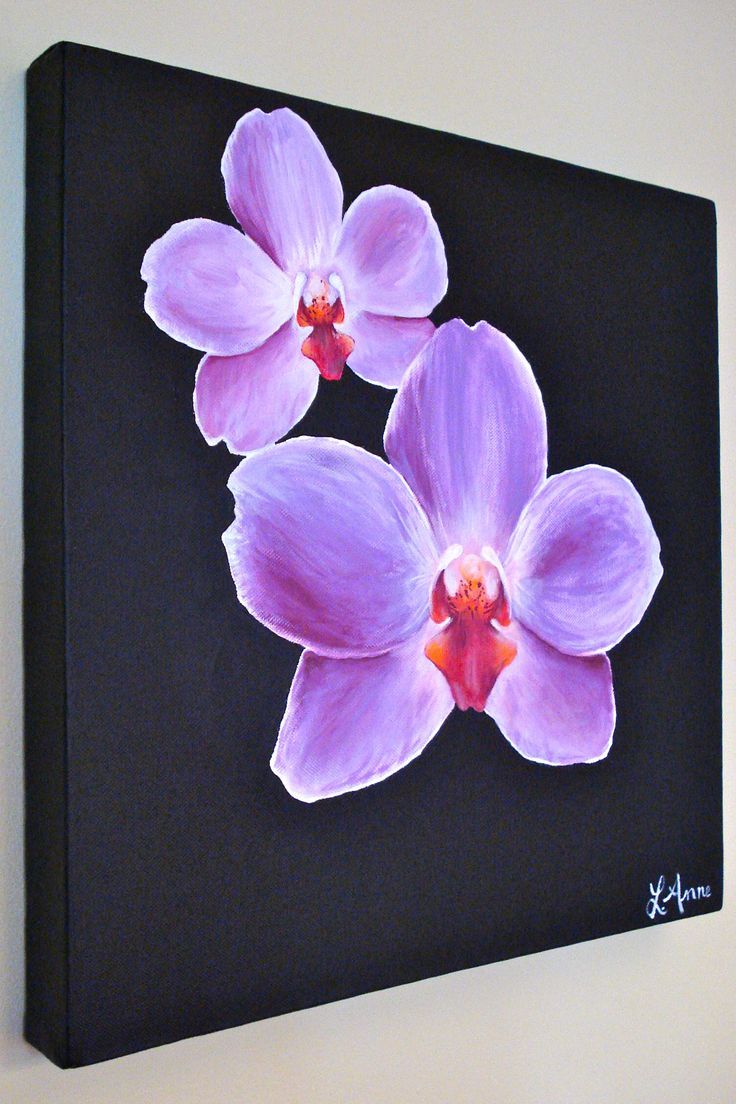 two purple orchids on a black background are featured in this acrylic painting