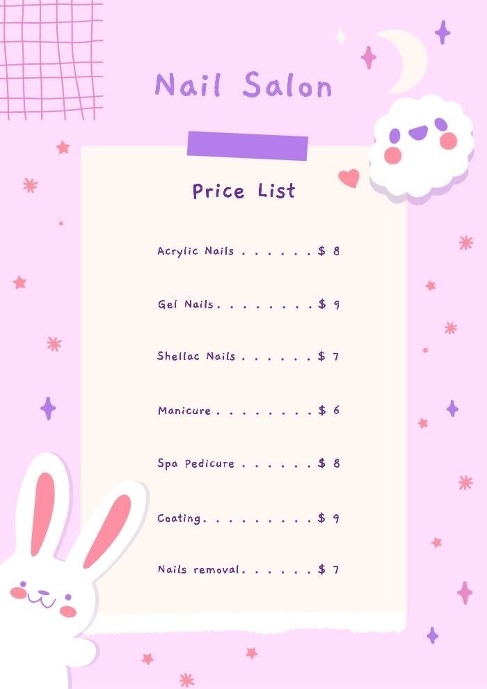 Cute Nail Salon Price List Nail Salon Price List Templates, Gel X Price List, Crochet Price List, Nail Price List Background, Price List Design Nails, Nail Art Price List, Nail Price List Ideas, Price List Background, Cute Nail Salon