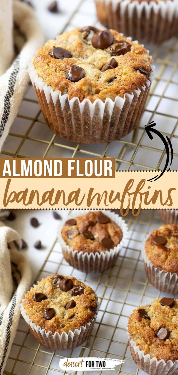 chocolate chip muffins cooling on a wire rack with text overlay that reads, almond flour banana muffins