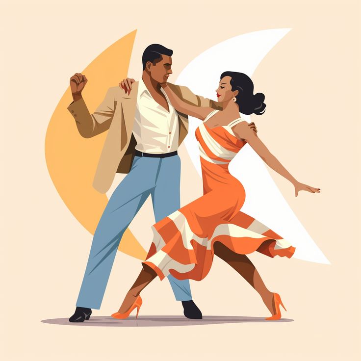 a man and woman are dancing together in an art deco poster style, with the background sun behind them