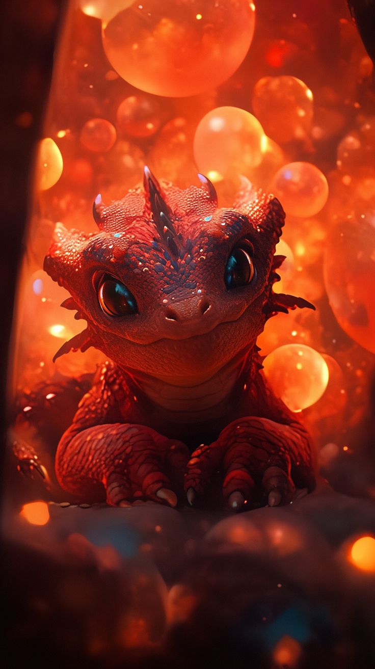 a red dragon sitting on top of a pile of bubbles