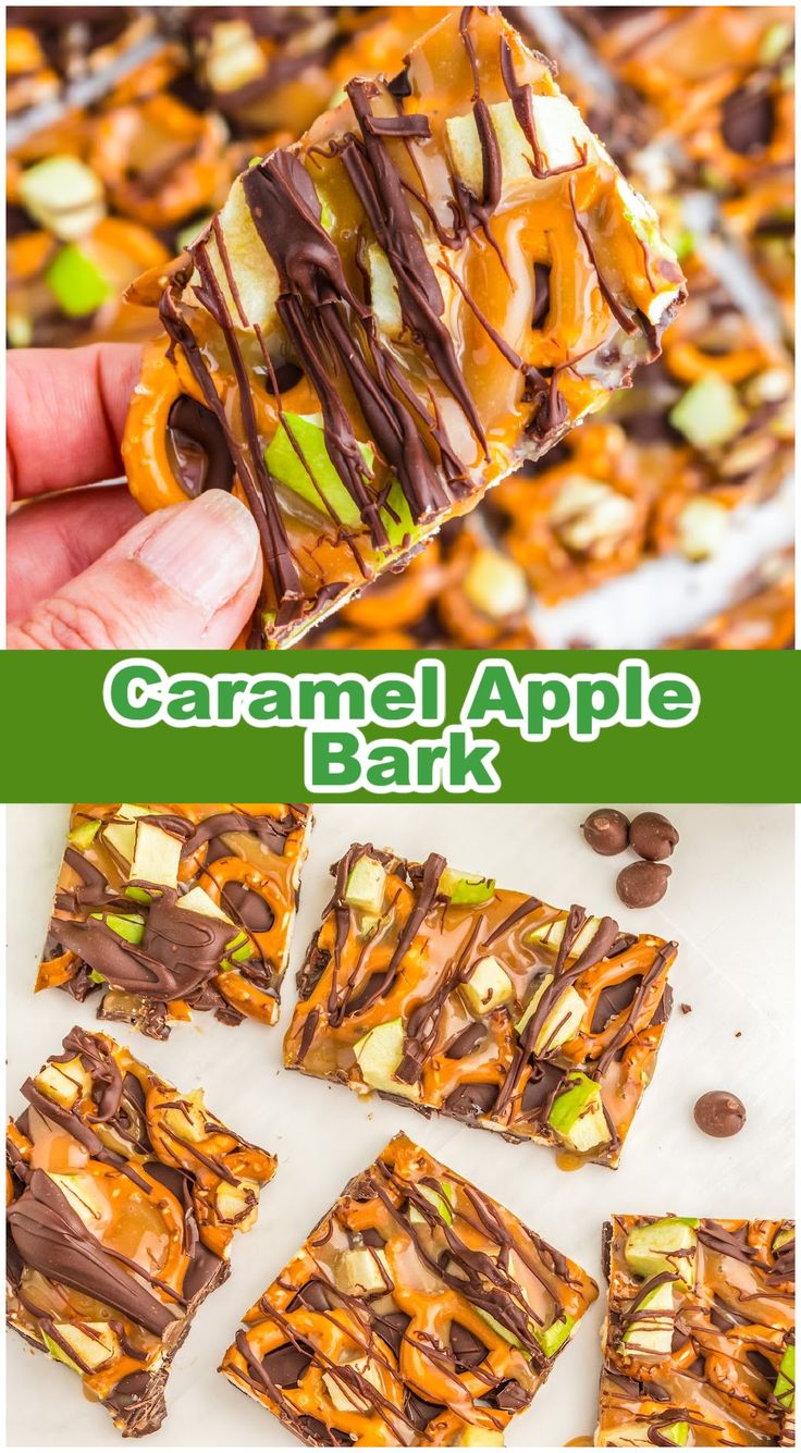 A woman's hand holding a piece of Apple Bark drizzled with chocolate and caramel. Preschool Harvest Party Snacks, Carmel Apple Sticks, Easy Fall Sweet Treats, Food Ideas For Fall Party, Caramel Apple Bark Dessert, Pretzels With Caramel And Chocolate, Halloween Snacks Pretzels, Things To Make For Thanksgiving Dessert, Thanksgiving Healthy Snacks For Kids