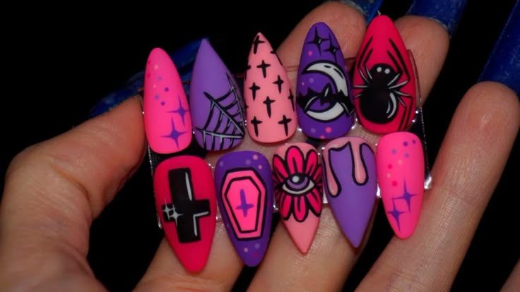 Pastel Goth Nails, Pastel Spooky, Bat Nails, Witch Nails, Cross Nails, Skull Nails, Spooky Nails, Cartoon Nails, Witchy Nails