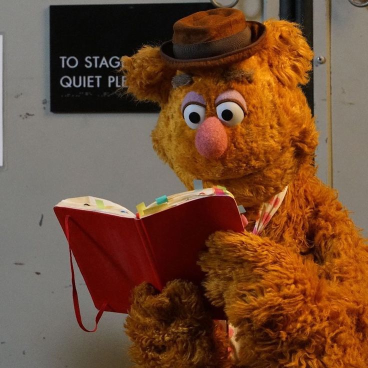 a large brown teddy bear holding a red book